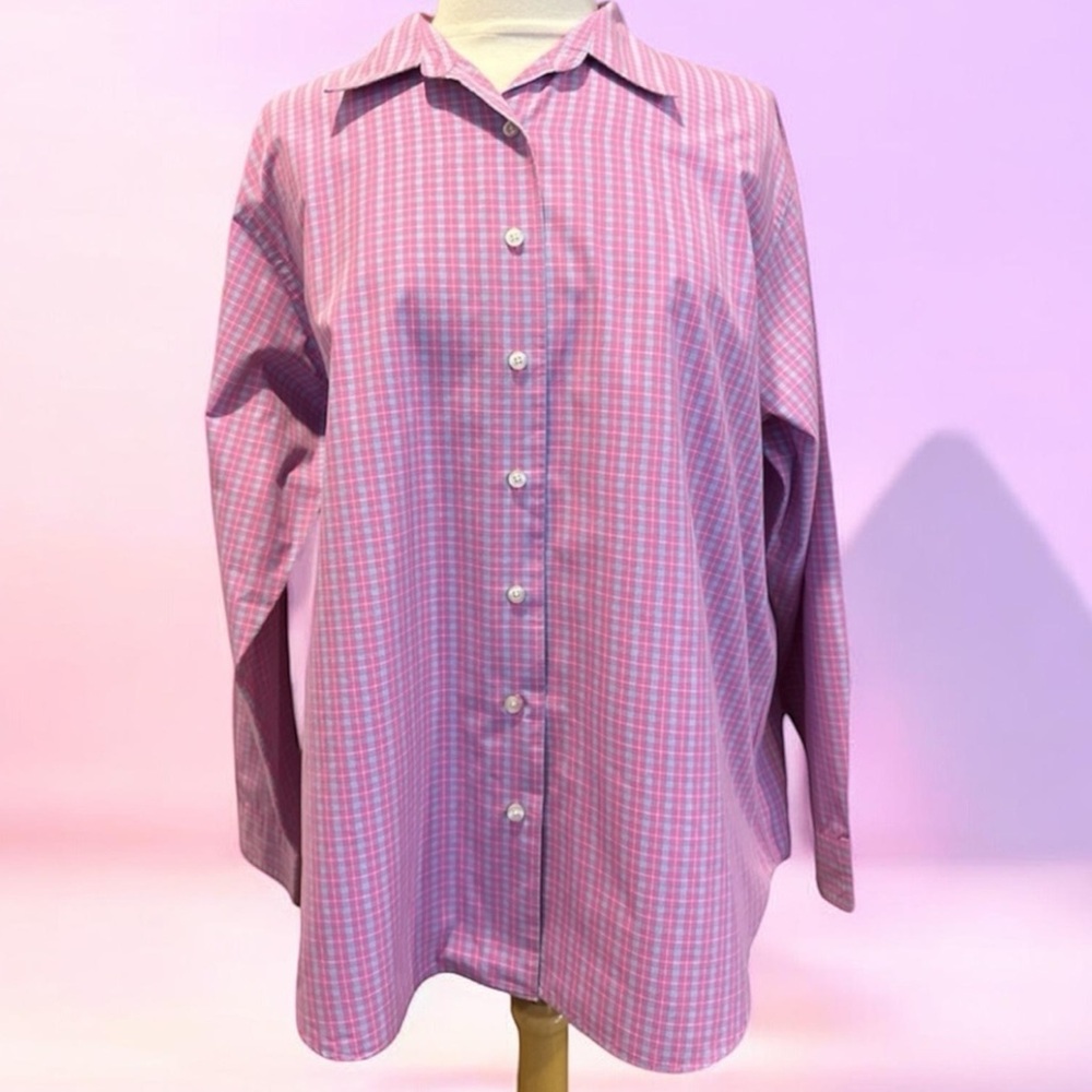 Lands’ End Plaid Button Down Shirt Pink Blue Cotton Blend Long Sleeve Womens